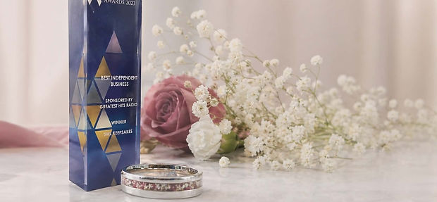 Awards and features header image with keepsake jewellery and award on marble background with soft pink florals