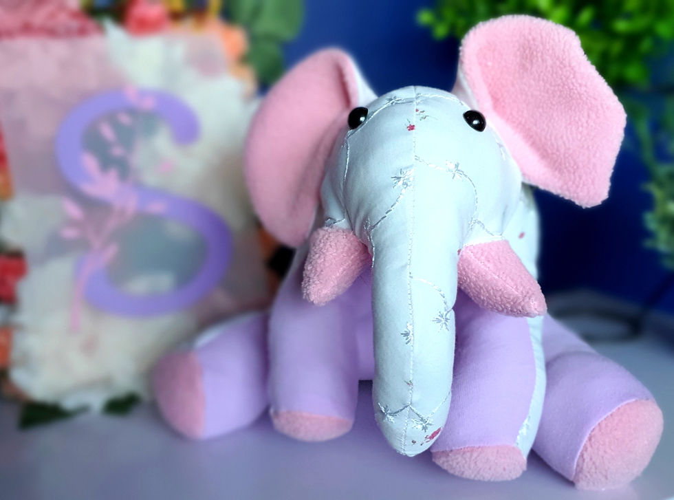 Thumbnail: Assorted elephant keepsake teddies made using sentimental clothing in various colours and styles