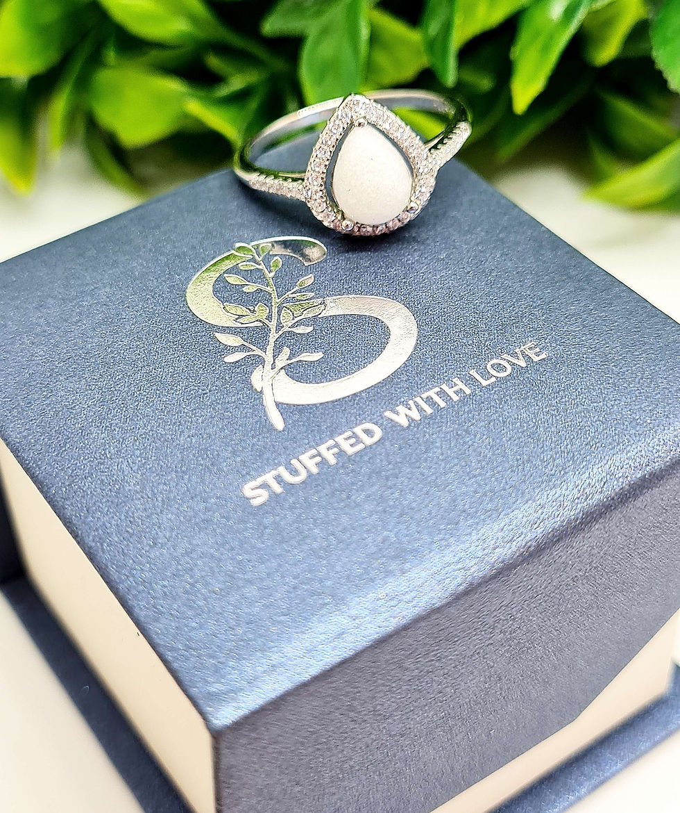 Anadia teardrop breastmilk ring on blue jewellery ring box