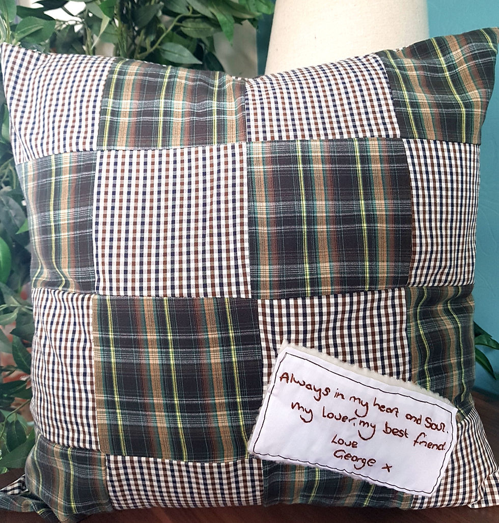 Thumbnail: Range of keepsake cushions in different designs including patchwork and shirt-front styles.