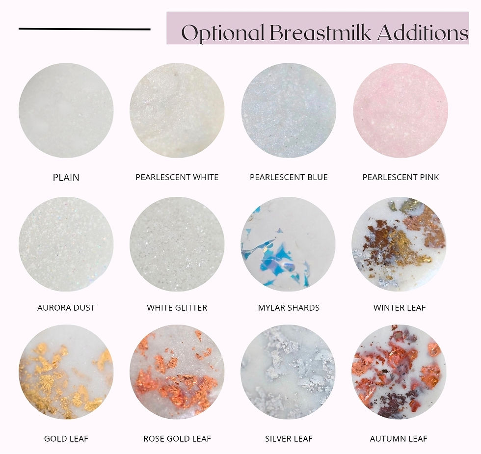 Thumbnail: Breastmilk jewellery resin options: glitter, pearl, leaf, mylar, colour samples shown.