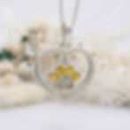 Sterling silver heart-shaped memorial ashes necklace featuring a paw print centre, with ashes set into the paw pad and colour