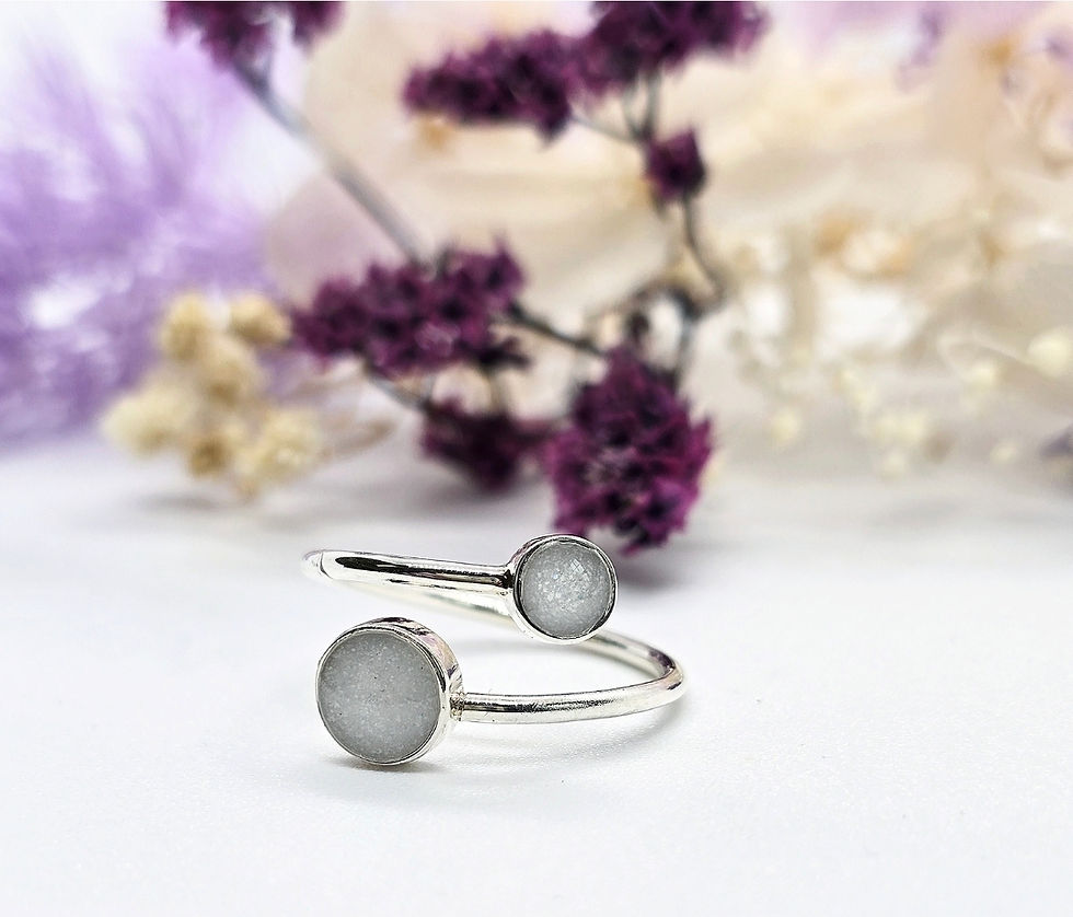 Thumbnail: breastmilk keepsake ring with double circle design and white resin stone in sterling silver