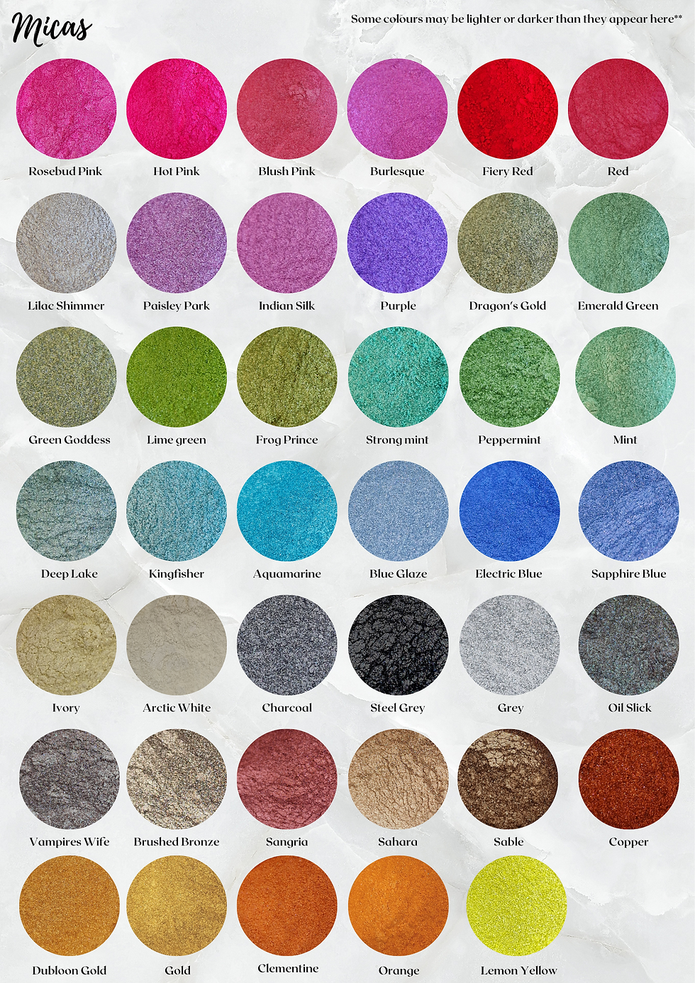 Thumbnail: Resin colour and shimmer options for inclusions.