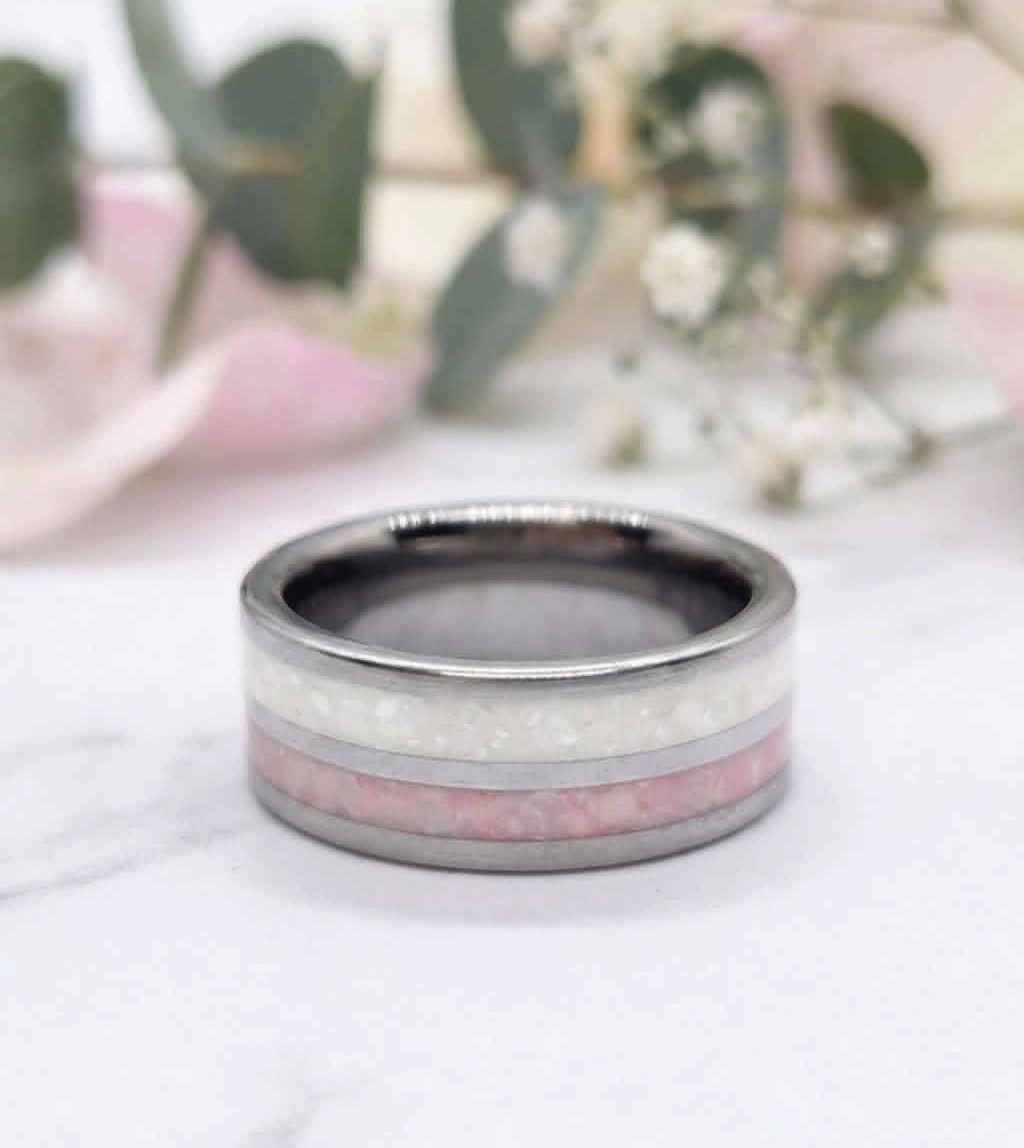 8mm dual channel breastmilk ring with two resin inlays in sterling silver band