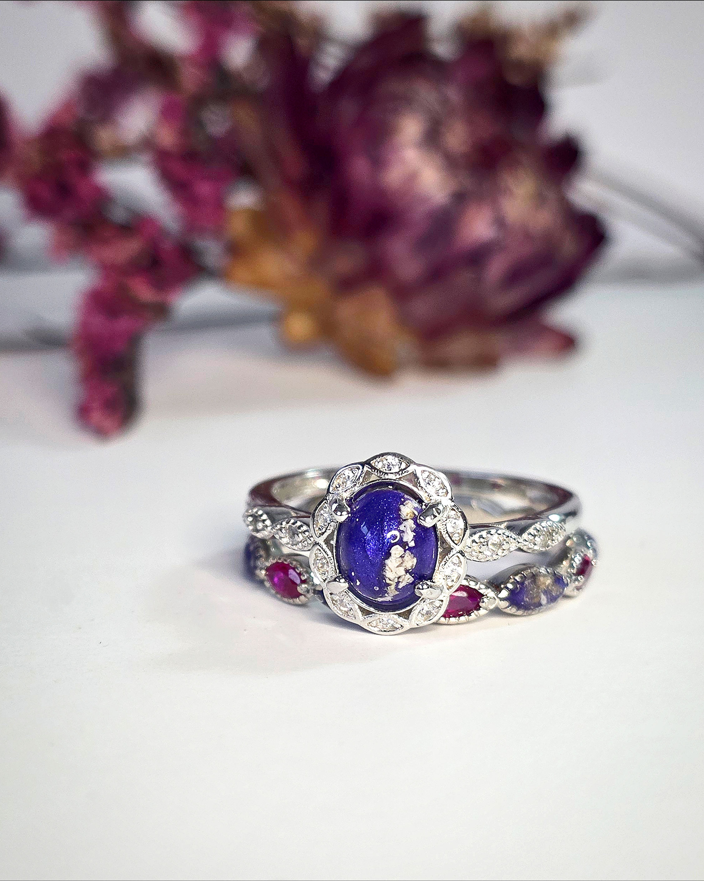Esmerelda ashes memorial stacking ring with purple resin centre stone and crystal accents on sterling silver band