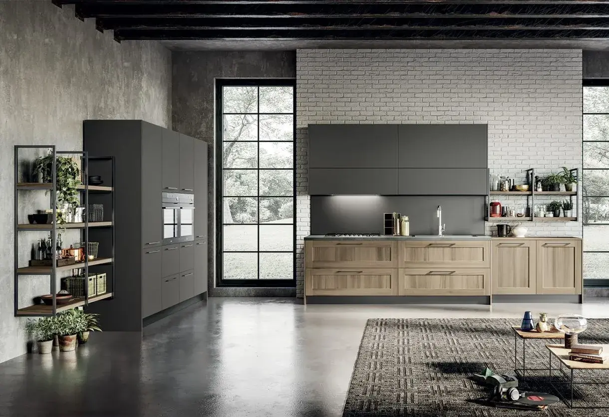 Cucina Cleo Arredo3 in stile industriale con basi legno e pensili grigi