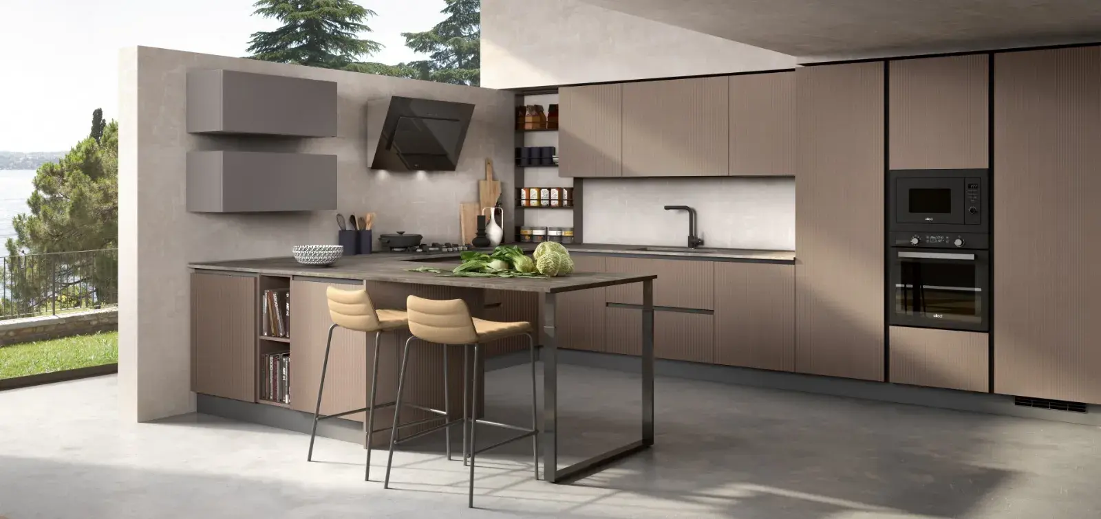 Cucina Stella Essebi con penisola e sgabelli beige