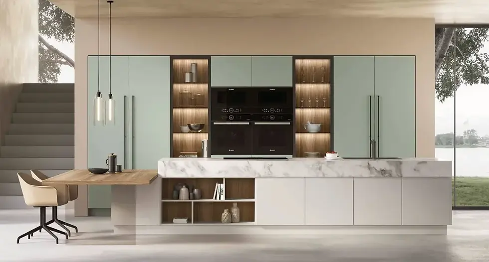Cucina Joya 1 artigianale con isola in marmo e pensili verdi
