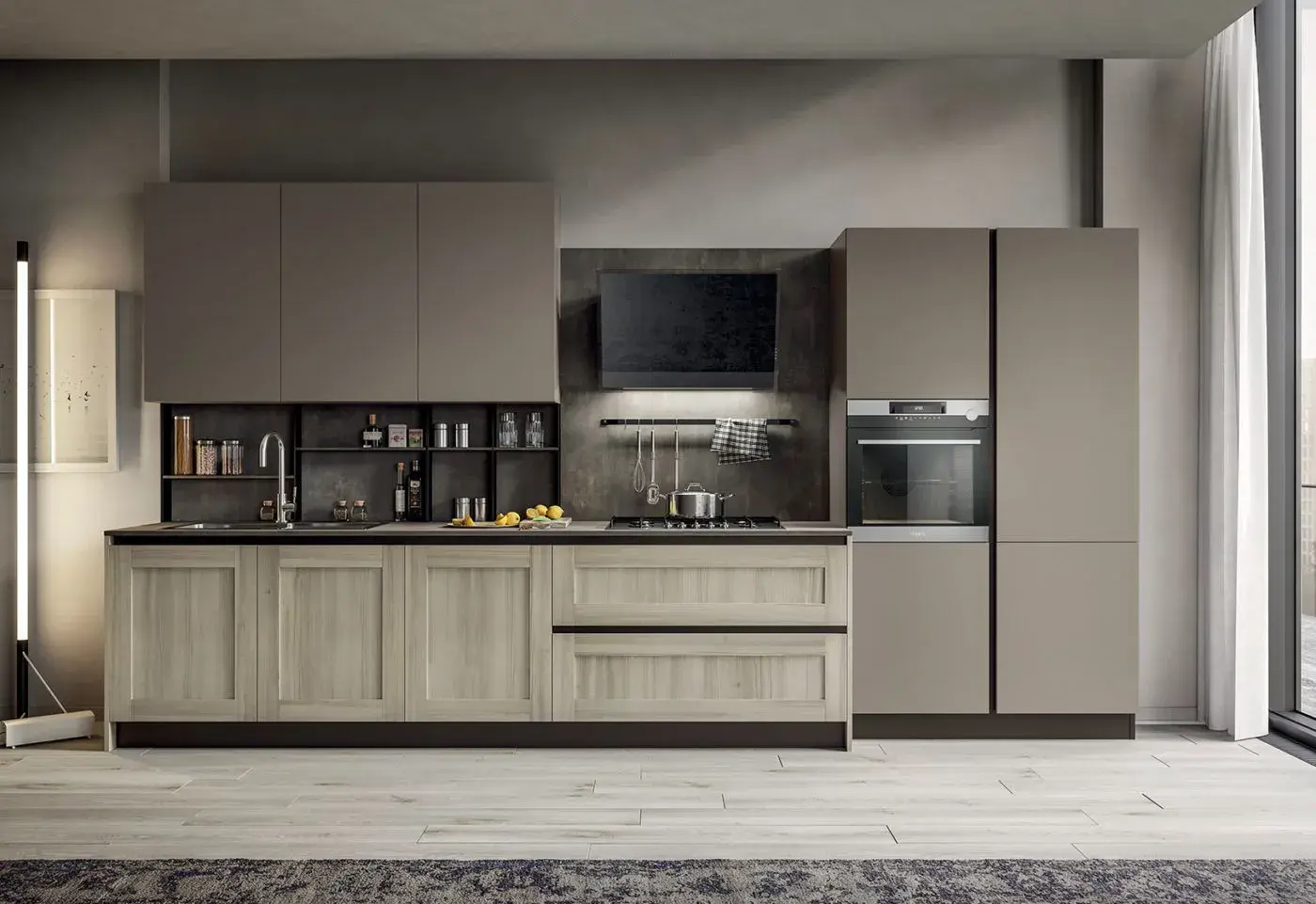 Cucina Cleo Arredo3 moderna con basi effetto legno