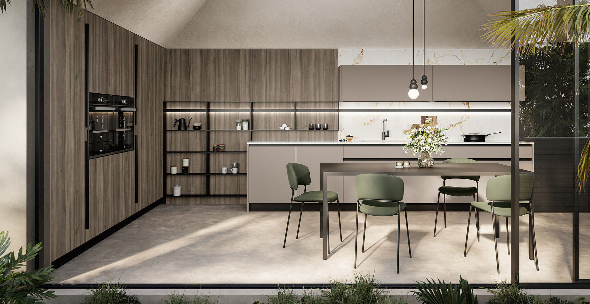 Cucina Cloe Arredo3 moderna con finiture legno e sedie verdi.