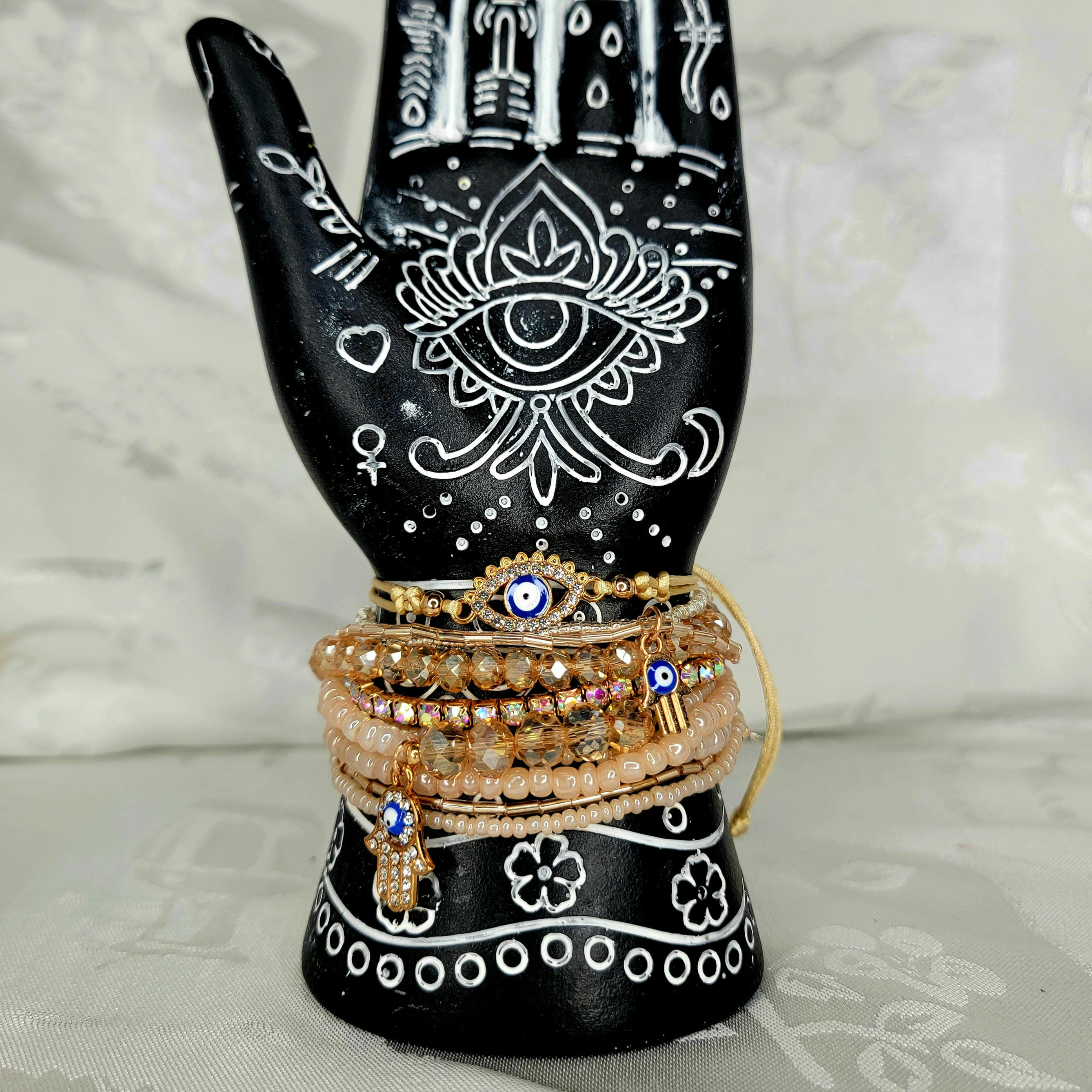 Gold Rhinestone Boho Style Hamsa Evil Eye Bracelet Set (9pc)