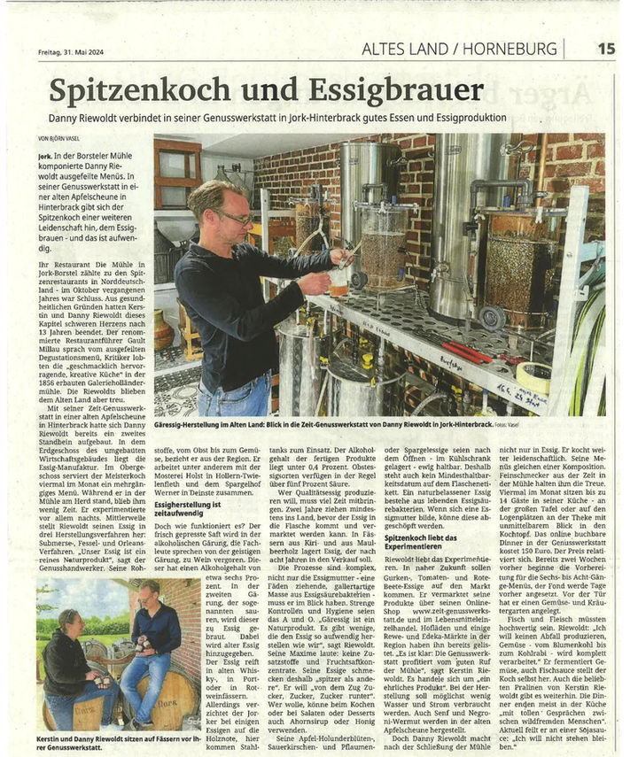 Bericht über unsere kleine Essigmanufaktur in Jork im Alten Land von Björn Vasel vom Stader Tageblatt 31.05.2024