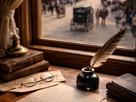 Desk with ink bottle and quill, stack of books and a view of the street