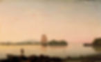 Calm sunset seascape with a lone figure on rocky shore, a sailboat near small islands, and pink-gold water of Penobscot Bay with South Thomaston across the water.