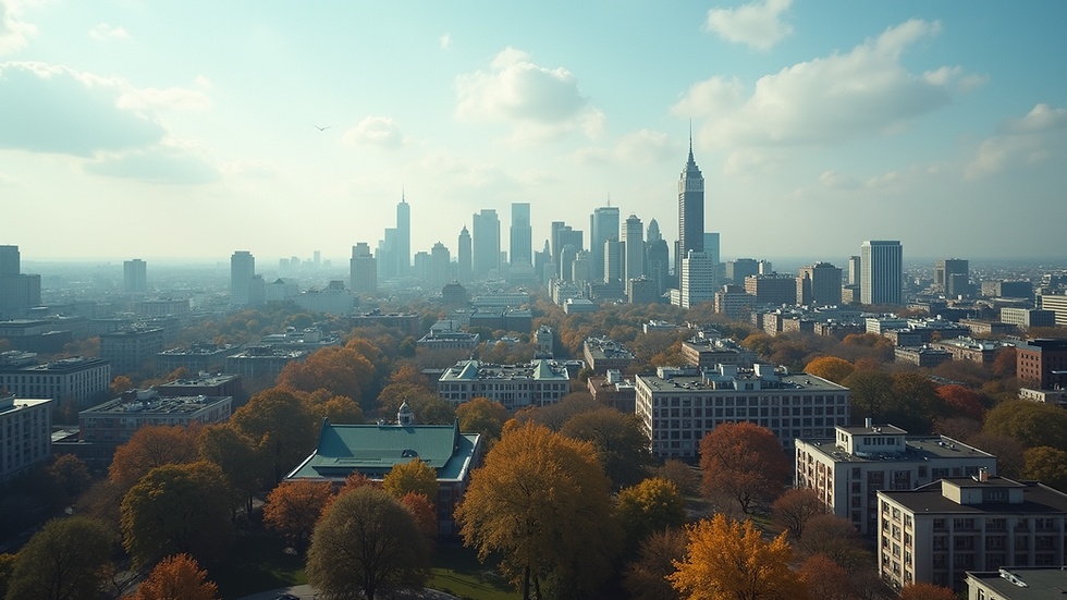 Wide angle view of a city skyline with university buildings