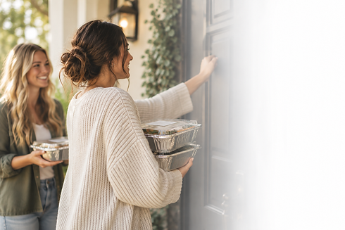 Photo of women dropping off meal knocking on the door