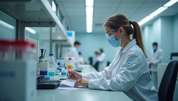 Eye-level view of a modern lab technician preparing a fingerprinting kit