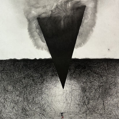 Square ink painting with a sharp black inverted triangle plunging into a textured dark field, suggesting rupture, descent, and emergence.