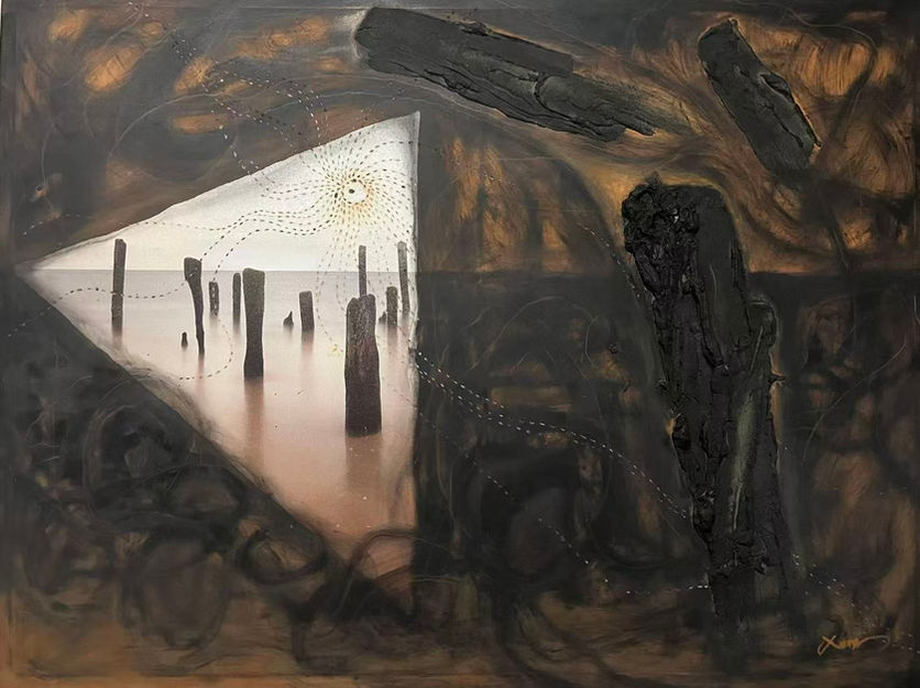 Large horizontal mixed media painting in deep browns and blacks with a stark geometric interruption — a bright triangular opening reveals a pale, luminous seascape with wooden pilings and low sun. Dark sculptural forms flank the right edge. The work stages a collision between murk and sudden clarity, enclosure and open horizon.