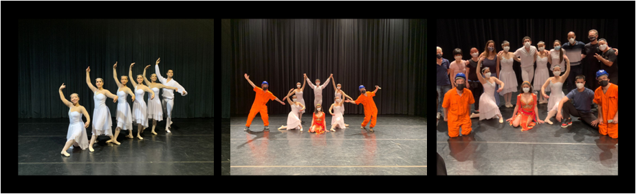 À esquerda, imagem de três bailarinos sentados em cadeiras de roda sobre um palco colorido. Ao centro, imagem de oito bailarinos em um palco, três homens e cinco mulheres. Dois homens vestem um traje similar a um uniforme. Uma das mulheres usa um traje de odalisca. Os outros cinco bailarinos se vestem com trajes idênticos de cor clara. À esquerda, de bailarinos e colaboradores em um palco.