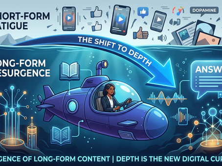 Split illustration contrasting chaotic short-form media fatigue with the depth and structure of long-form content.