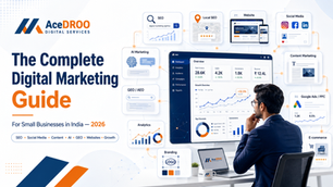 The Complete Digital Marketing Guide for Small Businesses in India 2026 by AceDROO Digital Services, featuring SEO, local SEO, website development, social media, content marketing, AI, GEO, Google Ads, analytics, branding, and e-commerce.