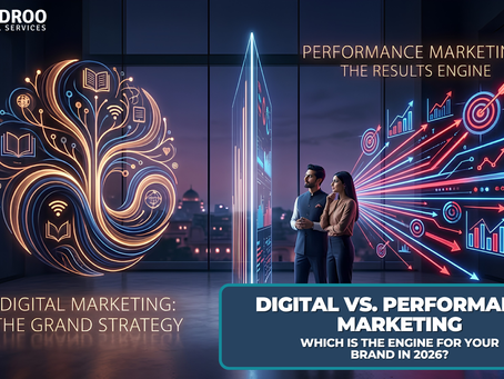 A comparative graphic by AceDROO Digital Services presented in a modern, high-rise office at night, with a view of illuminated dome-topped buildings outside. The scene features two large neon installations: a golden, organic tree-like brain with content and wisdom icons on the left, labeled "DIGITAL MARKETING: THE GRAND STRATEGY," and a dynamic, data-driven red-and-blue neon explosion with growth arrows and graphs on the right, labeled "PERFORMANCE MARKETING: THE RESULTS ENGINE." A male and female Indian business pair stand between the installations, looking at a shared digital screen, with the main headline text in a box reading: "DIGITAL VS. PERFORMANCE MARKETING: WHICH IS THE ENGINE FOR YOUR BRAND IN 2026?" The AceDROO logo is in the top-left corner.