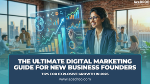 Promotional graphic featuring a smiling businesswoman in a modern office interacting with a futuristic, glowing digital dashboard displaying growth charts and marketing metrics. A banner at the bottom reads "The Ultimate Digital Marketing Guide for New Business Founders: Tips for Explosive Growth in 2026" along with the website www.acedroo.com. The AceDROO Digital Services logo is in the top right corner.
