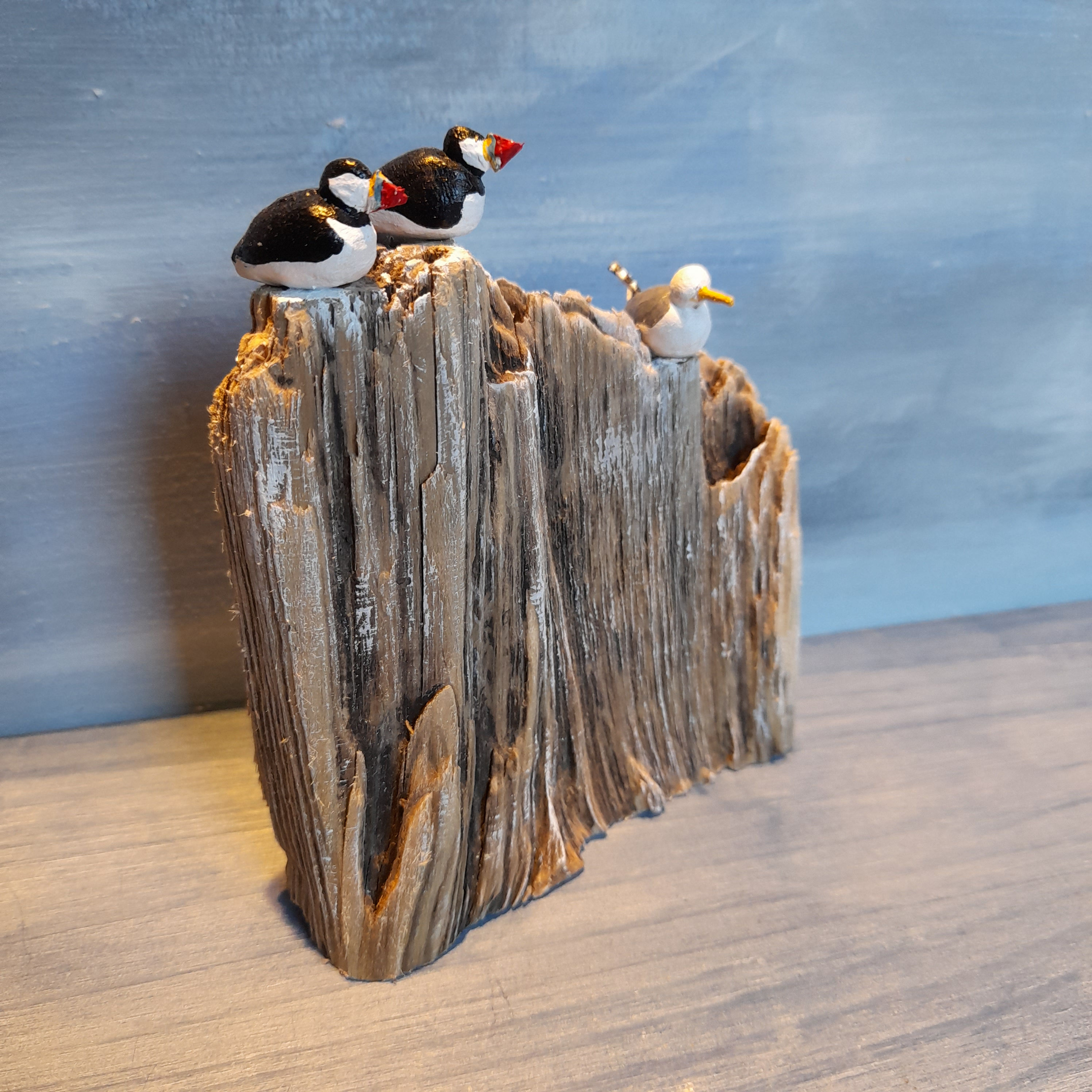 Puffins and Gull          12cm(h)x10cm(w)x3cm(d)
