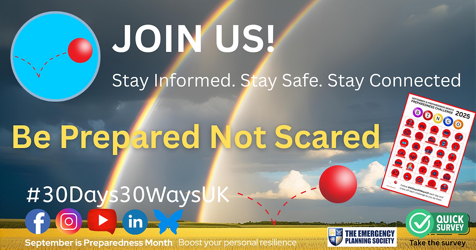 Graphic promoting the 30days30waysUK campaign. Text reads Join Us! Stay informed. Stay safe, saty connected. Be prepared, not scared. #30days30waysUK