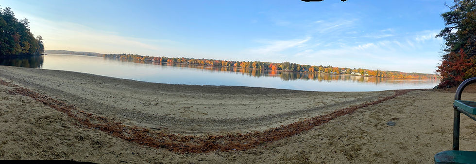 Wide-angle view of a quiet New Hampshire lake shoreline during a fall drawdown.