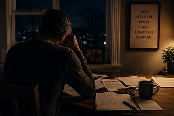 Man sitting alone at a kitchen table late at night, head in his hand, surrounded by papers, a notebook, and a framed quote reading 'I was never the owner, I was always the steward.