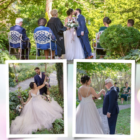 A bride and groom with their families at the best outdoor wedding venue in Ontario