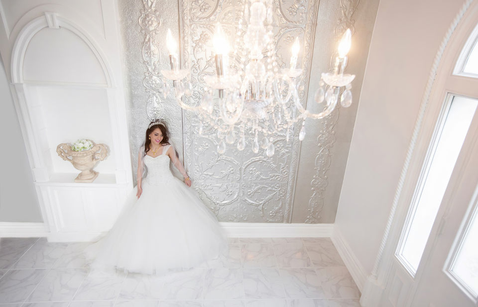A Bridal portrait in the White Room at Chalet Studio & Gardens in Windsor Ontario