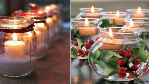 Potes de vidros com uma grossa camada de sal grosso dentro, dando suporte para uma vela. Na segunda foto um pote redondo, com agua até pouco mais da metade. Dentro temos folhas e frutos vermelhos junto com uma vela