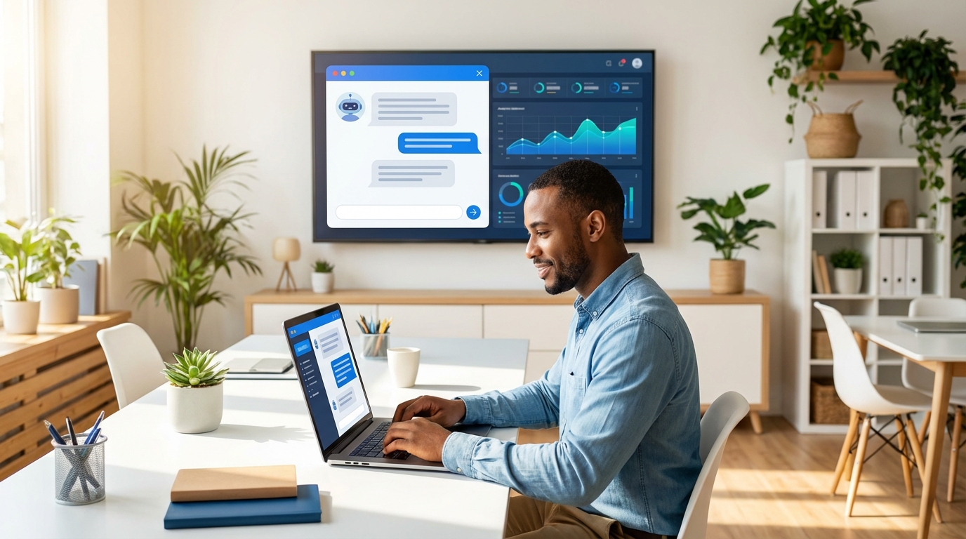 AI customer service automation for small business with chatbot support dashboard in a modern office