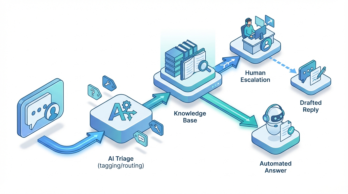 Customer support automation workflow showing AI ticket triage, knowledge base answers, and human escalation