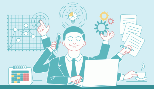 Illustration of SDR managing automated Telegram follow-up sequences and multitasking sales operations.