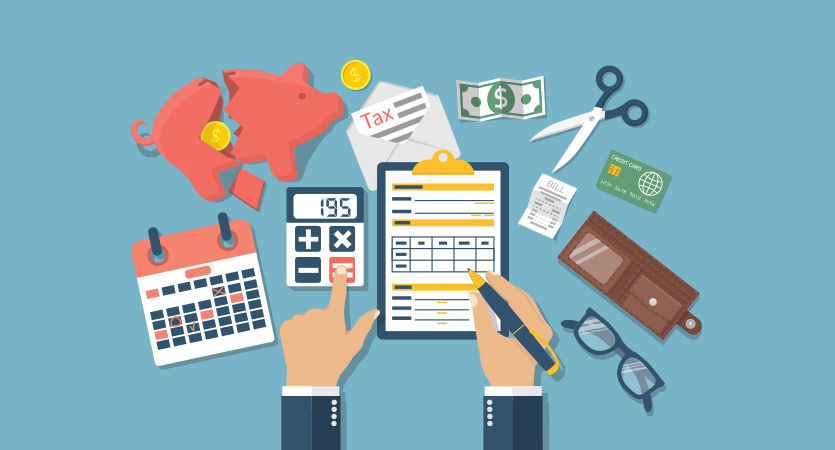 Illustration of financial planning with a calendar, calculator, tax form, money, and budgeting tools representing year-end financial decisions.
