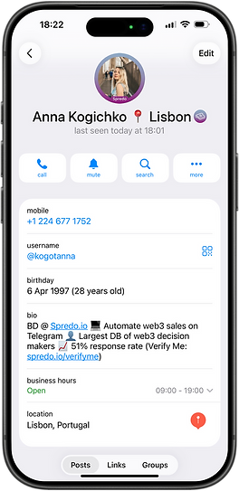 Example of a Telegram account assigned to a client's profile on Spredo used for outreach
