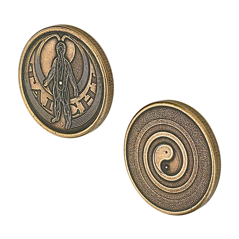 Both Sides of the Bronze Tai Chi Coin in perspective views