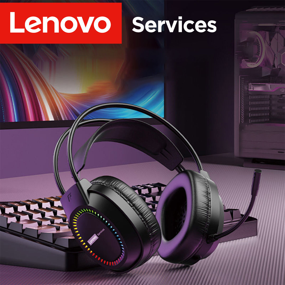 Headset Gamer Lenovo E03 com Microfone, Iluminação RGB, Som Estéreo Surround