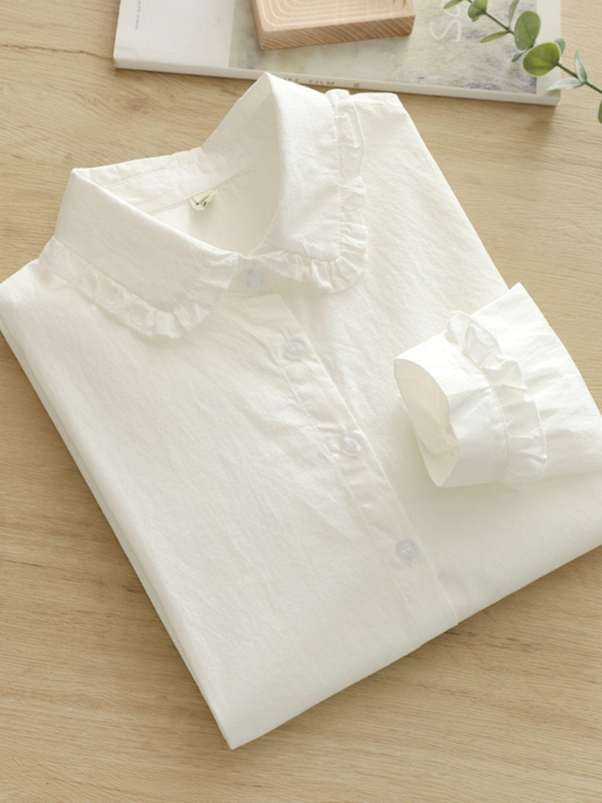 Camisa branca feminina de algodão puro em estilo coreano, com gola boneca artí