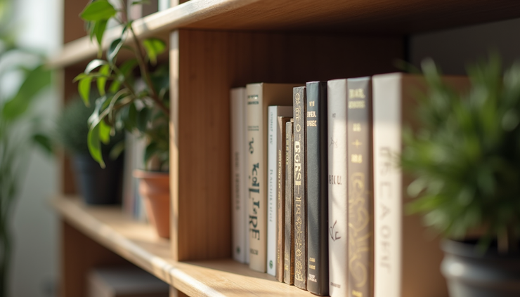 Close-up view of a well-organized bookshelf with personal development books and a plant