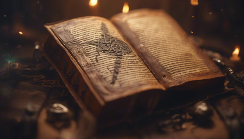 a fantasy book of magic. yellowed old pagesand burn mark on page.