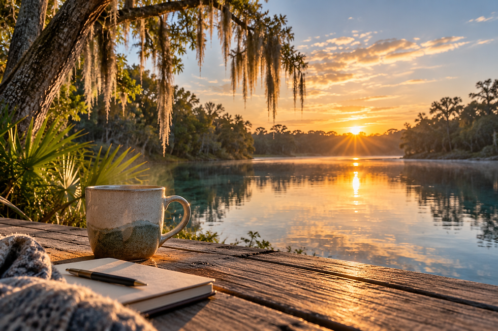 A ceramic mug and notebook on a wooden dock beside calm water in Florida at sunrise.