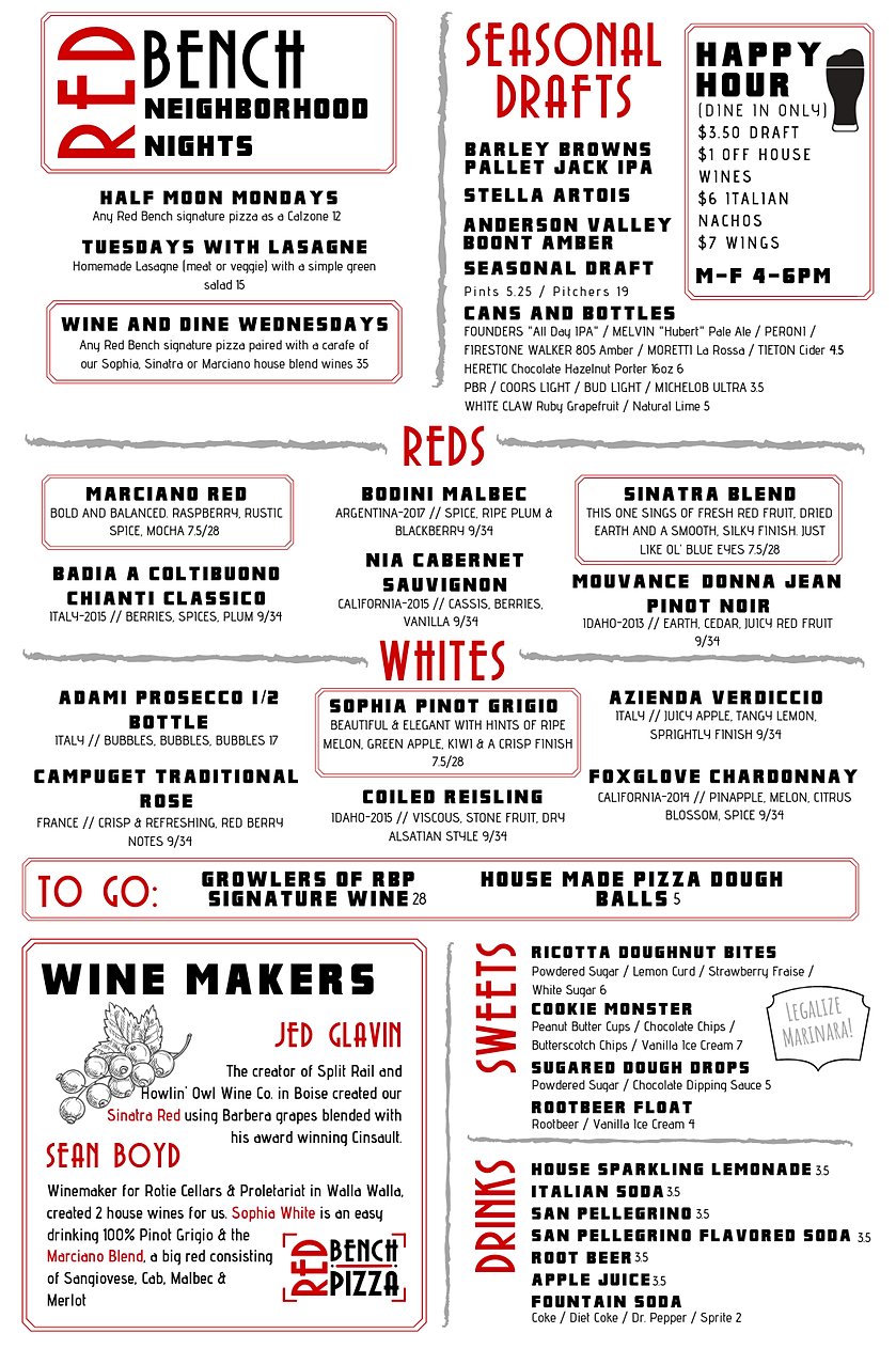 Red Bench Pizza | Boise Menu