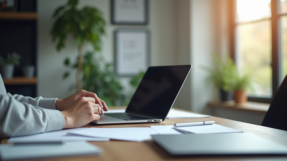 Vue en plongée d'un bureau moderne avec un ordinateur portable et des documents bien organisés