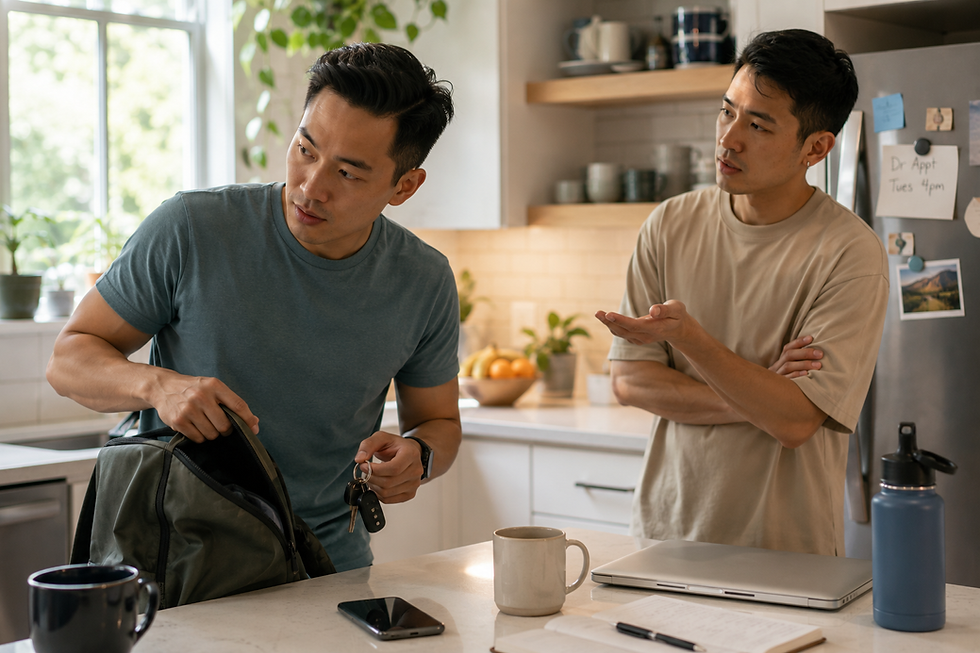 Couple at home navigating a mildly frustrating everyday moment while talking together.